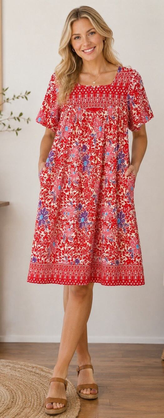 Vintage Loungees Dress Size M House Caftan Mumu Midi 100% Cotton Floral